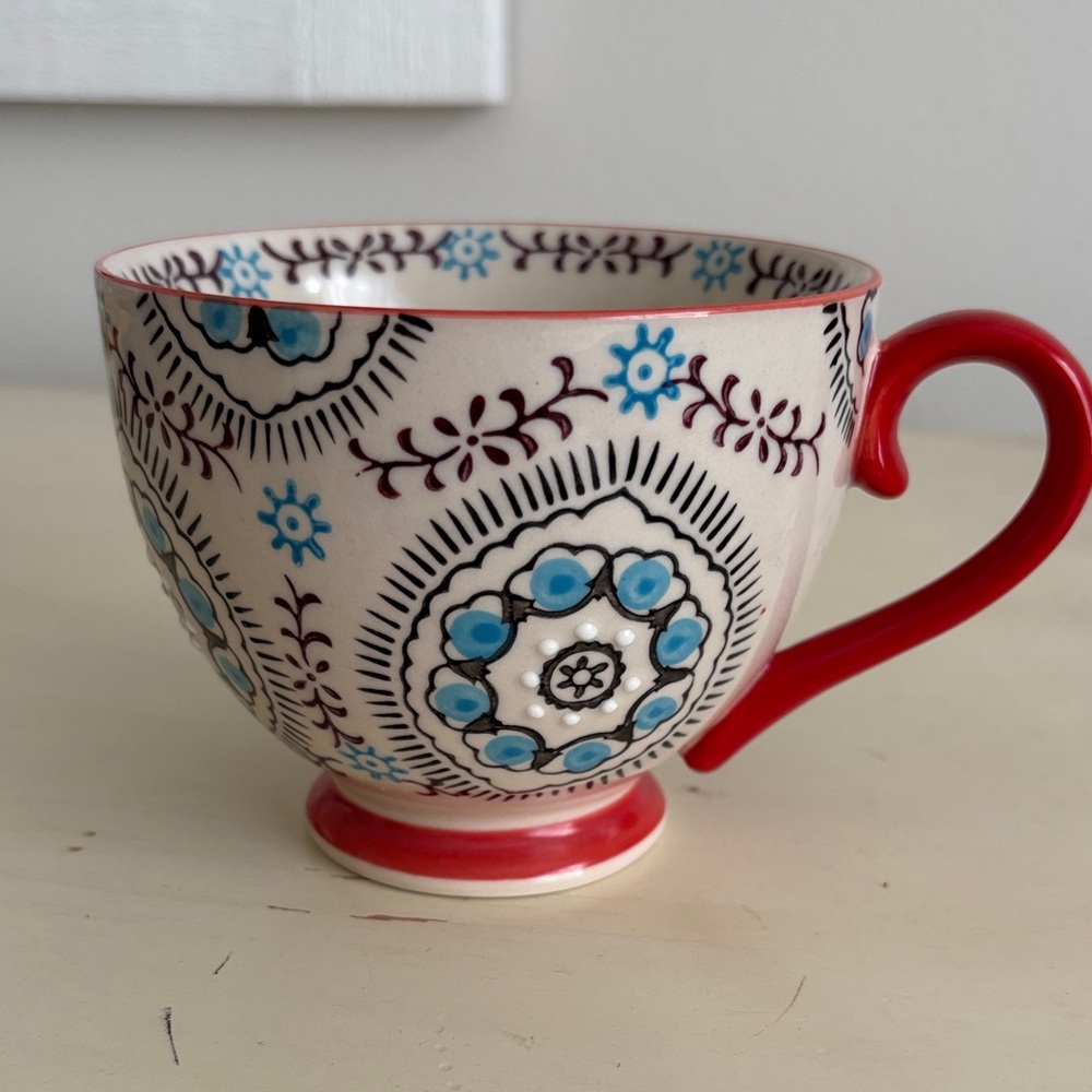 Yokohama Studio Hand Painted Footed Floral Boho Coffee Mug Textured Raised Dots